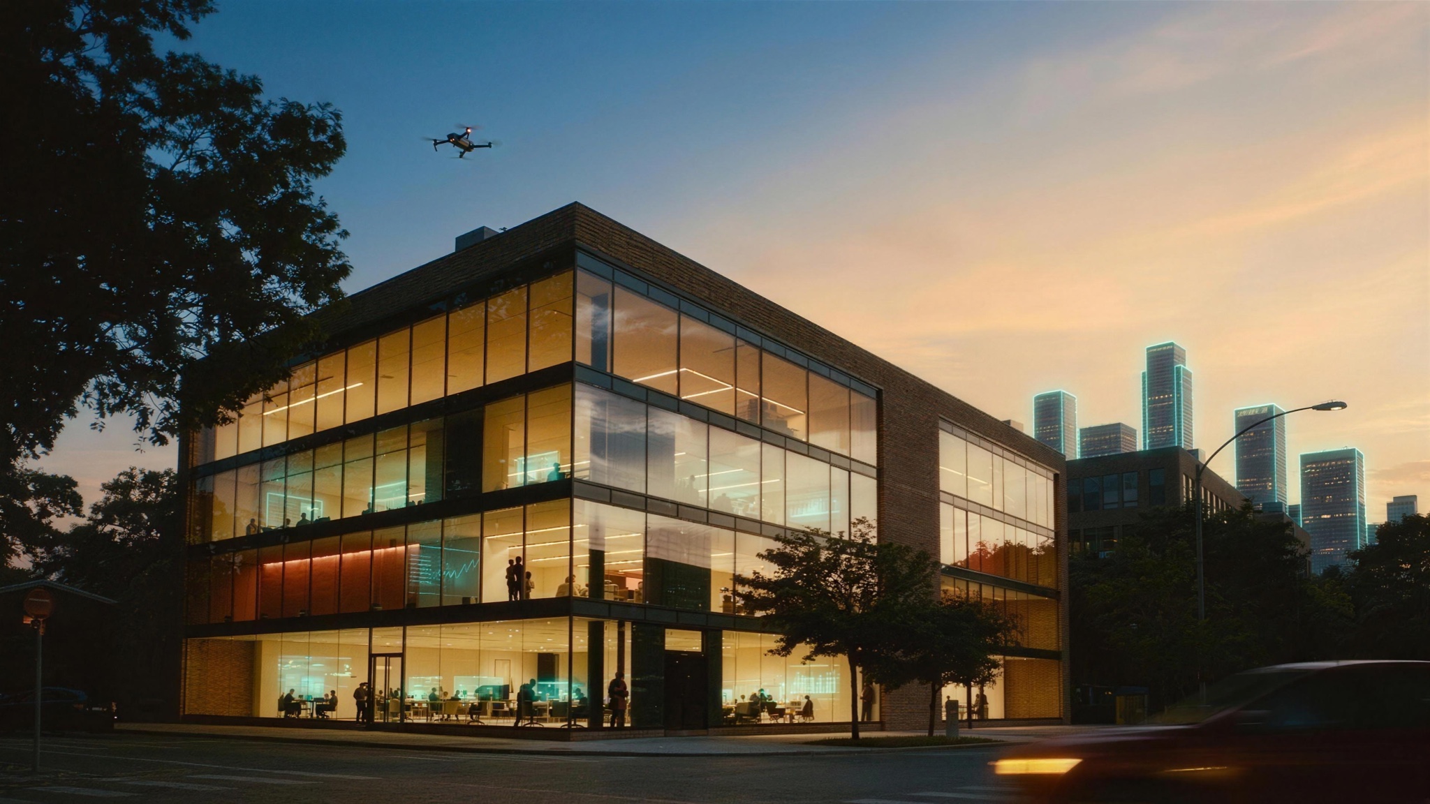 An office at dusk, still lit, still working
